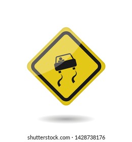 Yellow warning slippery road sign. Vector illustration