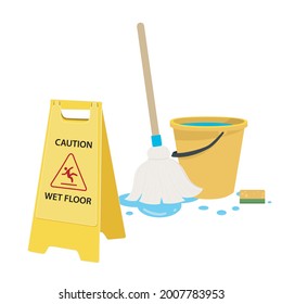 Yellow warning standing tag indicating maid at work cleaning with mop and bucket of water. Safety sign to alert for wet floor, preventing slips and ensuring a safe, clean environment.