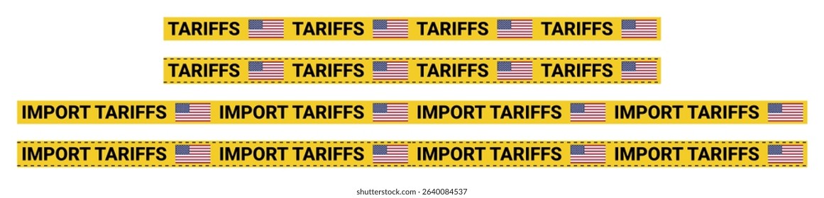 Yellow warning tape banners with bold IMPORT TARIFFS text American flags trade restriction message concept USA economic policy protest design vector, on transparent background, trade war policy, tax