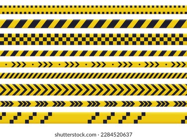 Yellow warning tape. Caution police crime line, security danger tapes. Do not cross ribbons flat vector illustration set svg
