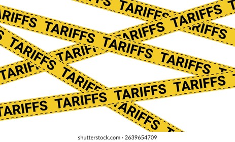 Yellow warning tape text tariffs, transparent background, trade barriers, economic restrictions, import taxes, business regulation, commerce limitation, market restriction, export control, transparent