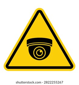 Yellow warning triangle featuring surveillance camera symbol indicating monitored area security observation protection safety awareness and controlled access suitable for signage informational and industrial applications.