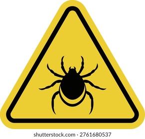 Yellow warning triangle road sign with an image of a tick inside. Area with an increased risk of tick bites. Use protective clothing and tick repellent.