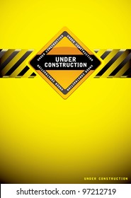 Yellow warning under construction background with sign and hash banner