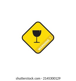 Yellow warning.Black round fragile broken glass warning sign icon, simple easy to break flat design concept vector for app label web banner button ui ux interface elements isolated on white background