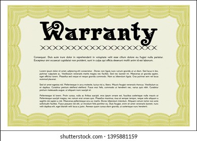 Yellow Warranty Certificate template. With background. Vector illustration. Money design. 