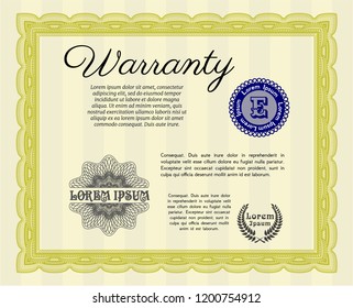 Yellow Warranty Certificate template. Beauty design. Vector illustration. With great quality guilloche pattern. 