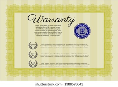 Yellow Warranty Certificate template. Beauty design. Printer friendly. Vector illustration. 