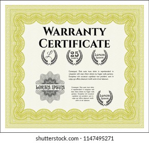 Yellow Warranty Certificate template. With complex linear background. Vector illustration. Superior design. 