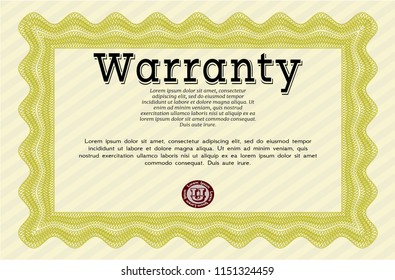 Yellow Warranty Certificate template. Complex background. Customizable, Easy to edit and change colors. Money Pattern. 