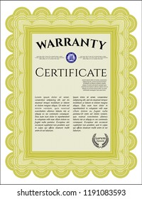 Yellow Warranty Certificate template. With complex background. Customizable, Easy to edit and change colors. Cordial design. 