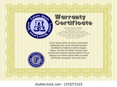 Yellow Warranty Certificate template. With complex background. Good design. Customizable, Easy to edit and change colors. 