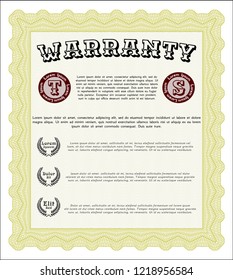 Yellow Warranty Certificate template. Complex background. Lovely design. Vector illustration. 