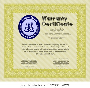 Yellow Warranty Certificate template. With complex background. Cordial design. Detailed. 