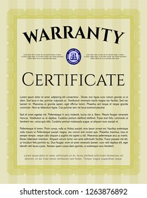 Yellow Warranty Certificate template. With complex background. Vector illustration. Money style design. 