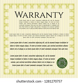 Yellow Warranty Certificate template. With complex linear background. Detailed. Elegant design. 