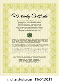 Yellow Warranty Certificate template. With complex linear background. Vector illustration. Artistry design. 