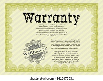 Yellow Warranty Certificate template. Complex background. Vector illustration. Superior design. 