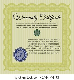Yellow Warranty Certificate template. With complex linear background. Money Pattern. Customizable, Easy to edit and change colors. 