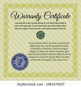 Yellow Warranty Certificate template. With complex background. Perfect design. Detailed. 