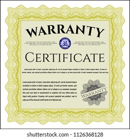 Yellow Warranty Certificate template. Detailed. Printer friendly. Cordial design. 