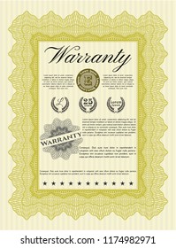 Yellow Warranty Certificate template. Detailed. With great quality guilloche pattern. Modern design. 