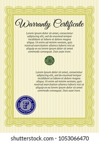 Yellow Warranty Certificate template. With linear background. Vector illustration. Money design. 