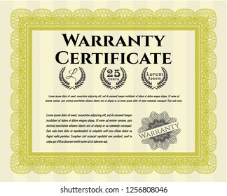 Yellow Warranty Certificate template. With linear background. Lovely design. Detailed. 