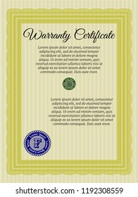 Yellow Warranty Certificate template. Money Pattern design. With guilloche pattern. Detailed. 