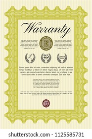 Yellow Warranty Certificate template. Printer friendly. Detailed. Nice design. 