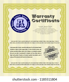 Yellow Warranty Certificate template. Printer friendly. Detailed. Cordial design. 