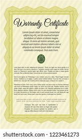 Yellow Warranty Certificate template. Printer friendly. Lovely design. Vector illustration. 