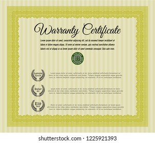 Yellow Warranty Certificate template. Printer friendly. Vector illustration. Elegant design. 
