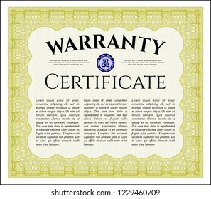 Yellow Warranty Certificate template. Printer friendly. Customizable, Easy to edit and change colors. Money Pattern. 