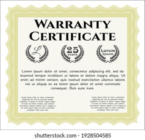 Yellow Warranty Certificate template. Superior design.  With complex linear background.  Customizable, Easy to edit and change colors. 