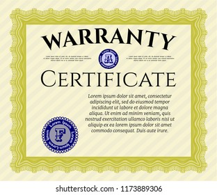 Yellow Warranty Certificate template. Vector illustration. Complex background. Modern design. 