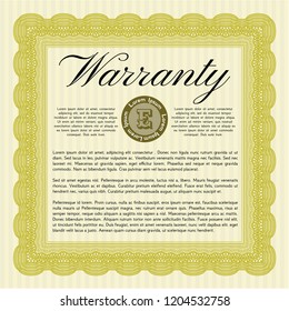 Yellow Warranty Certificate template. Vector illustration. With guilloche pattern and background. Artistry design. 
