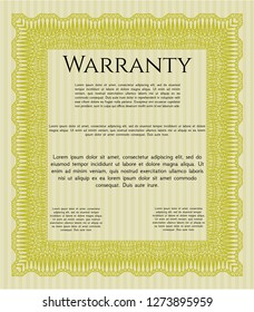 Yellow Warranty Certificate template. Vector illustration. With complex linear background. Artistry design. 