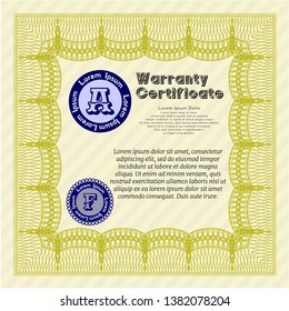 Yellow Warranty Certificate template. Vector illustration. With great quality guilloche pattern. Superior design. 