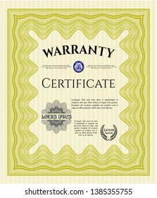 Yellow Warranty Certificate template. Vector illustration. Easy to print. Elegant design. 