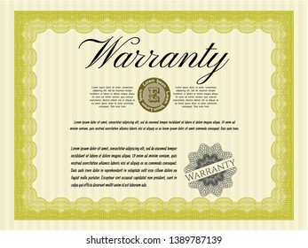 Yellow Warranty Certificate template. Vector illustration. With linear background. Elegant design. 