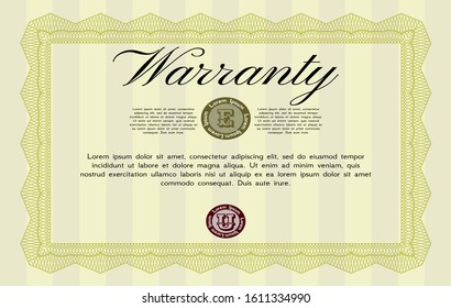 Yellow Warranty Certificate template. Vector illustration. Printer friendly. Elegant design. 