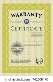 Yellow Warranty. With guilloche pattern and background. Vector illustration. Money style design. 