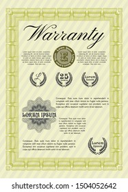 Yellow Warranty. Money style design. Customizable, Easy to edit and change colors. With guilloche pattern and background. 