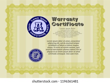 Yellow Warranty template. With complex linear background. Customizable, Easy to edit and change colors. Money style design. 