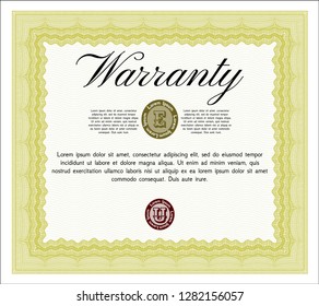 Yellow Warranty template. With complex linear background. Retro design. Detailed. 
