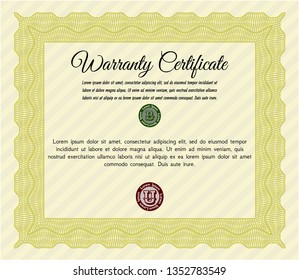 Yellow Warranty template. Cordial design. Detailed. With complex linear background. 