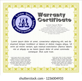 Yellow Warranty template. Detailed. Printer friendly. Money Pattern design. 