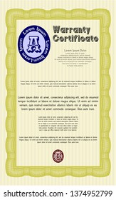 Yellow Warranty template. With great quality guilloche pattern. Perfect design. Customizable, Easy to edit and change colors. 