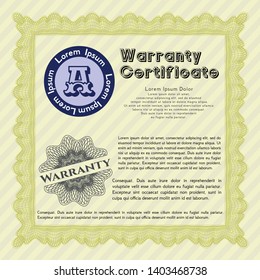 Yellow Warranty template. Modern design. With great quality guilloche pattern. Detailed. 